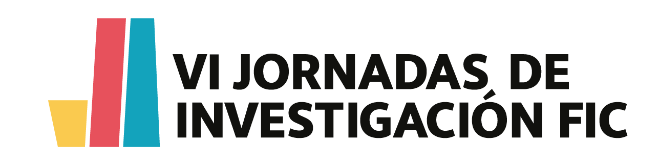 Logotipo de las JIFIC. La composición alude al logo de la facultad y a la sigla jota i, Jornadas de Investigación.  Tres cuadriláteros irregulares alineados. La jota formada por uno más pequeño amarillo y por otro rojo vertical. A la derecha la I vertical en cian.  A la derecha, en letras negras mayúsculas, Sextas Jornadas de Investigación FIC.